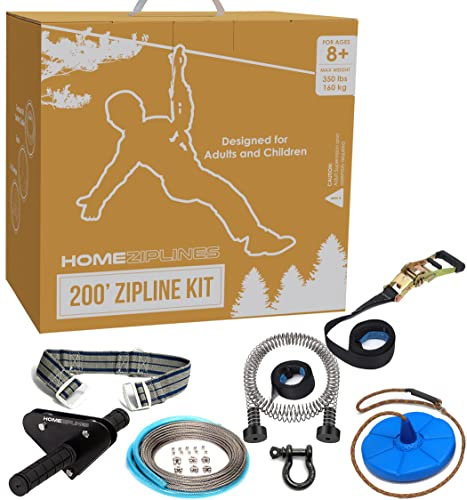 Zip Line for Kids and Adults, 200/150/100 Ft Backyard Zipline Kit, Quick Setup with Safety Harness, 350 Lb Capacity, Rustproof Stainless Steel Cable, Smooth Spring Brake, Comfortable Cushioned Seat