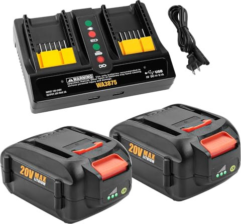 Bakipante 2Pack 20V 6.0 Ah Battery Replacement for Worx WA3525, WA3520, WA3575, WA3578 and 20 Volt Dual Port Battery Charger Replacement WA3875