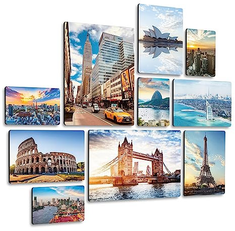 Giallobus - Conjunto de 10 Pinturas de Paneles múltiples - Ciudades Famosas - Madera de MDF - | 2 x 42x29,7cm | 4 x 29,7x21cm | 4 x 21x14,85cm | - Listo para Colgar - Cuadros para el hogar