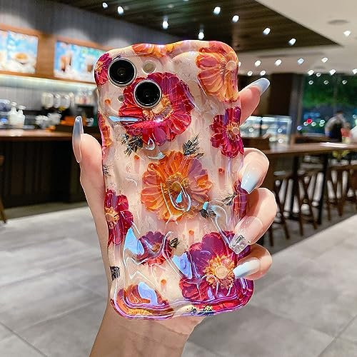 QLTYPRI Case for iPhone 12 Pro Max with Cute 3D Retro Oil Painting Flower Design for Girls Women, Curly Wave Frame Case Soft Silicone TPU Bumper Shockproof Phone Cover for iPhone 12 Pro Max - Red