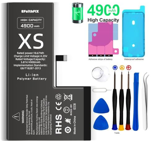 EFaith Batterie pour iPhone XS 4900mAh Batterie de Remplacement Haute capacité 0 Cycle avec Kits d'outils de réparation Professionnels et adhésif pour modèle A1920, A2097, A2098, A2099, A2100