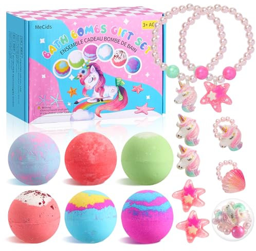 MeCids Lot de 6 bombes de bain bio pour enfants avec jouet surprise à l'intérieur, bracelets et bagues, kit de bombes de bain à bulles pour fille anniversaire et Noël