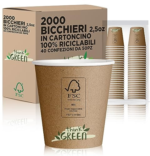 cubex professional 2000 Bicchieri in cartoncino da 75 ML Avana, per Caffè, Acqua, Bevande Calde e Fredde, 100% Riciclabili