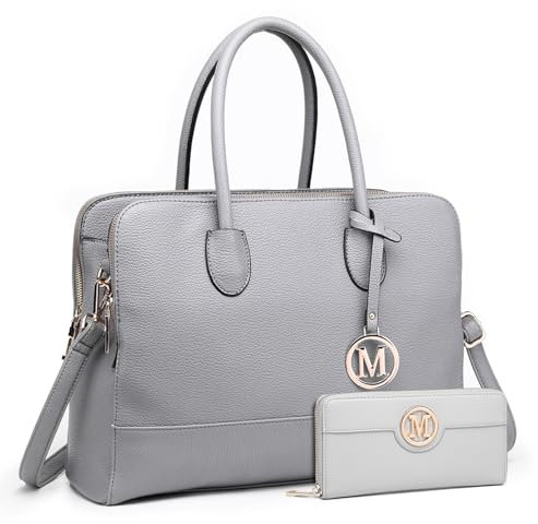 Miss Lulu Damen Aktentasche Handtasche 13 Zoll Laptoptasche Tote Bag Handtasche Schulter Kunstleder, Grau- mit Geldbörse