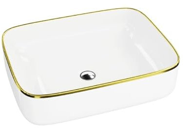LAVITA Aufsatzwaschtisch Galera Gold Line Aufsatzwaschbecken Rechteckig Waschbecken Ohne Überlauf und Hahnloch Aus hochwertigem Porzellan Waschtisch modern Badkeramik Waschplatz 50,5x40x14cm Weiß/Gold