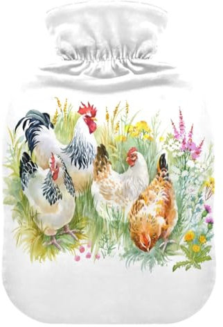 Wärmflasche mit Huhn und Hahn, weich, warm, für Winter, Bett, Hand, Hals und Schultern, 1 l