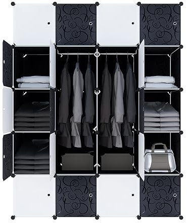 HENGMEI Kleiderschrank Garderobe Regalsystem mit Türen PP Kunststoff Aufbewahrung von Kleidung, Büchern DIY Montage Steckregal (20 Boxen mit Tür, mit 2 Kleiderstange Schwarz)