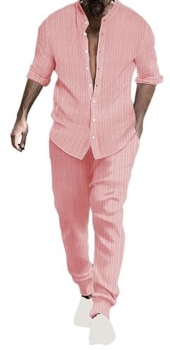 Generic Costume pour homme - Chemise rayée avec col Hengli - Ensemble tendance et décontracté en coton et lin, Rose, L