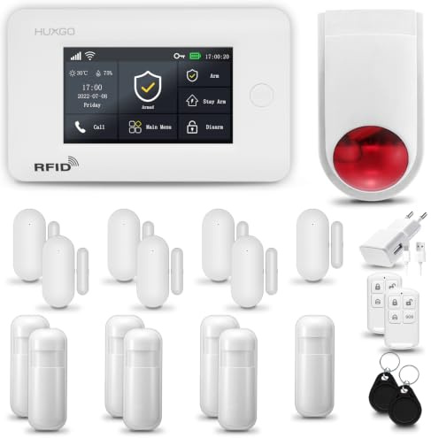 HUXGO® HXA006 Alarmanlage Haus WiFi + GSM mit Funk Sirene | Alarmanlage Wohnung mit App. TUYA | Alarm System mit 7X Bewegungsmelder, 7X Tür- Fenstersensor| Wohnmobil Alarmanlage