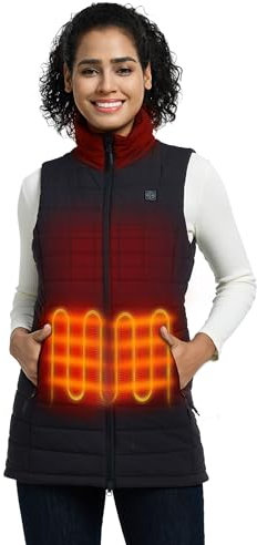 ORORO Women's Long Heated Gilet with 4 Heat Zones, Heated Puffer Vest with Power Bank - Charger Not Included (Black,M)
