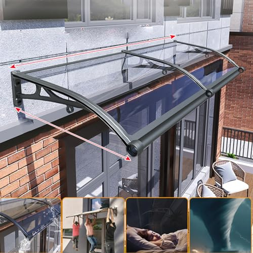 Polycarbonat für Eingangstür Türdach Transparent Pultbogenvordach aus Aluminium grau Ständer Automatische Entwässerung,Vordach Haustür Eingangsmarkise Regenschutz (100 x 200 cm)