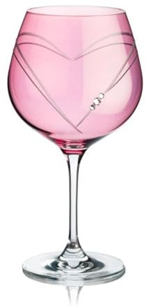 DIAMANTE Pink Gin Copa Cocktail Glass 'Hearts’ - Single Pink Coloured G&T Cocktail Wine Glass with Heart Design and Crystals Packed in Gift Box