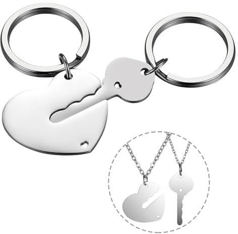 Flongo Personalisierte Schlüsselanhänger mit Kette für Paare: 2 Stück Edelstahl Herz Schlüssel Schloss Schlüsselring mit Gravur Partner Anhänger Halskette Valentinstag Pärchen Geschenk