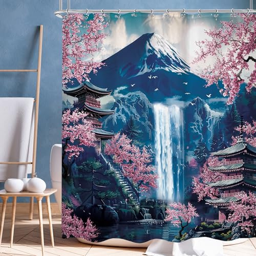 Cinbloo Rideau de douche japonais 183 x 183 cm (l x H) - Motif manga asiatique - Fleurs de cerisier - Montagne - Cascade - Lune - Nature - Ensemble de rideaux de salle de bain esthétiques en tissu