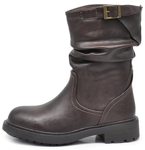 IF Stivali Stivaletti Anfibi Biker Motociclista Arricciati Caviglia Con fibia Da Donna G680 Brown N.36