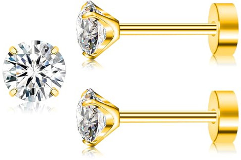 Artskin Titan Cubuic Zirkonia Ohrstecker für Frauen Männer CZ Ohrring hypoallergen flach zurück Mädchen Ohrring Set für Knorpel (Gold, 4MM)