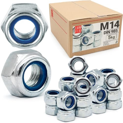 Lun Fix Dadi esagonali autobloccanti M14 DIN 985, 5 kg, resistenza 6, in acciaio zincato, dadi di sicurezza con anello in nylon, dadi per bulloni filettati, dado esagonale per barre filettate