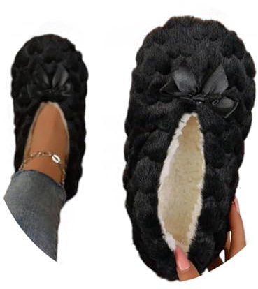 Minetom Chausson Femme Hiver Fourrure Noeud Papillon Pantoufles Doublé Chaud Maison Ballerines Chaussures Plates A Noir 41/42 EU