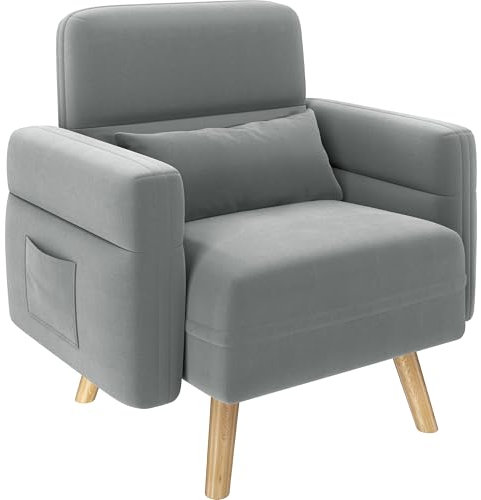 Yaheetech Fauteuil de Salon en Tissu Dossier Ergonomique Poches Latérales, Fauteuil d'appoint avec Pieds en Bois, Chaise de Chambre à Coucher Confortable pour Salon Bureau Gris Clair