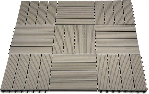 Set of 11 Interlocking Decking Tiles WPC (1m²) Wood-Plastic Composite Floor Tiles for Garden, Patio, Balcony, and Terrace – Durable, Weather-Resistant Click System Flooring – 30x30cm (Grey)