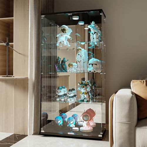 YLSZHY Vitrine en Verre avec 2 Portes et éclairage LED, vitrine à 4 Niveaux verrouillable avec Fond Miroir, bibliothèque indépendante pour Salon et Chambre à Coucher, Noir
