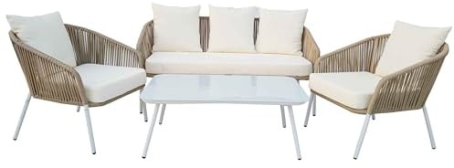 Megashopitalia Set da Giardino in Rattan con Divano 5 Posti Poltrone Tavolino da Caffè (Bianco)