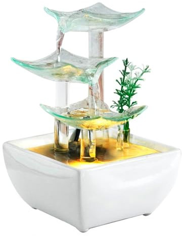 Fuente de Agua de Mesa Fuente de cerámica de Vidrio con Cascada Relajante y Plantas botánicas for Decorar el hogar, la Oficina o el Espacio de meditación. Fuente de Agua de Mesa Interior