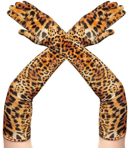 HSTWODE 1 Stück Damen Ellenbogen 55cm Lang Handschuhe mit Leopard Zebra Print Vintage Abendhandschuhe Druck Lang Volle Finger Handschuhe zur Party Abendkostümkleid