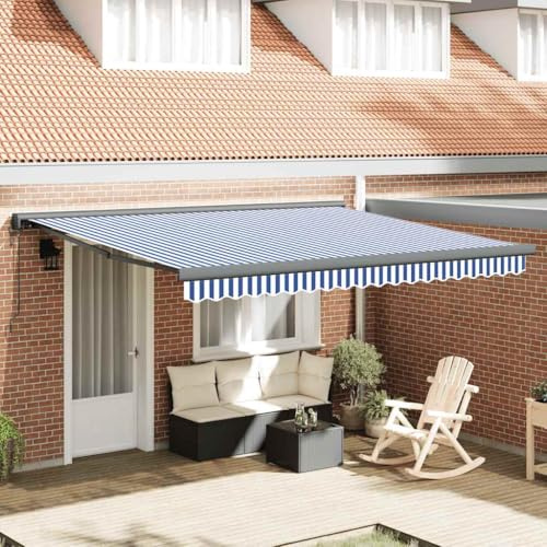Qnhdfrt Tenda da sole 4 x 3 m, colore blu e bianco, con motore e telecomando, in poliestere resistente ai raggi UV e alluminio verniciato a polvere, robusta protezione solare per terrazze, balcone