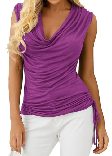 Imily Bela Débardeur pour Femme avec col en V Profond, Tops à Effet Cascade, sans Manches, T-Shirts d'été avec Cordon de Serrage, Pourpre, M