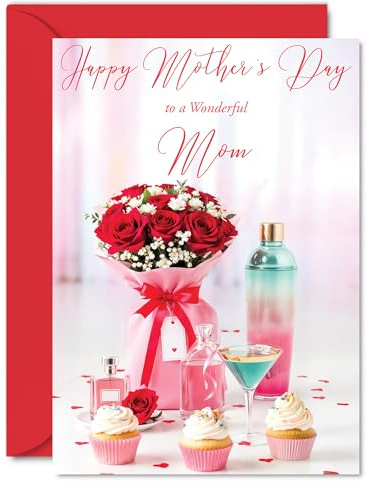 Carte de fête des mères pour maman – Bouquet de roses rouges – Carte de fête des mères pour maman de la part de son fils et fille, cartes de vœux A5 à confettis floraux