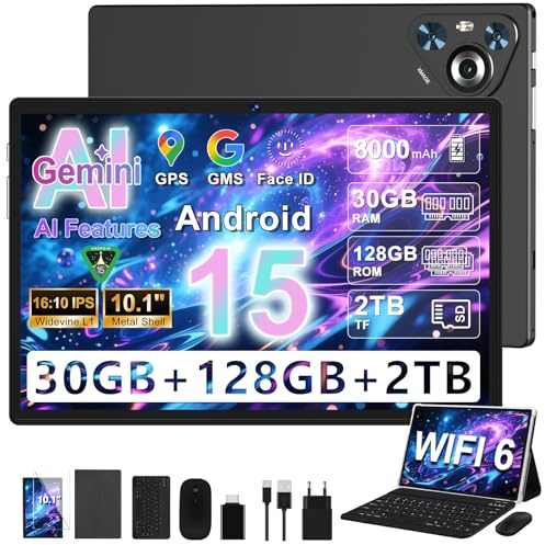 Tablet 10 Zoll Android 15, 30GB RAM+128GB ROM, 8000mAh,mit Tastatur-Schwarz