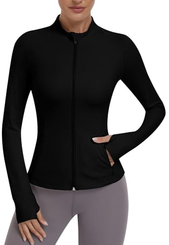 JoyGirl Womens Zip Up Sport Running Jacket with Pockets Long Sleeve Workout Jackets Slim Fit Gym Yoga Tops with Thumb Holes (Black,L)