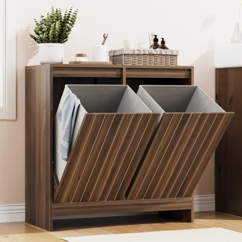 Smuxee Double Tilt Out Laundry Hamper Cabinet, Hidden Laundry Cabinet with Double Baskets, Walnut Trash Can for Bathroom, Living Room, Kitchen