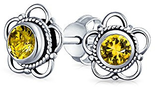 Bali Indonesischen Winzigen Offenen Echten Edelstein Geburtsstein Blume Ohrstecker Für Frauen Teenager Oxidiert .925 Sterling Silber