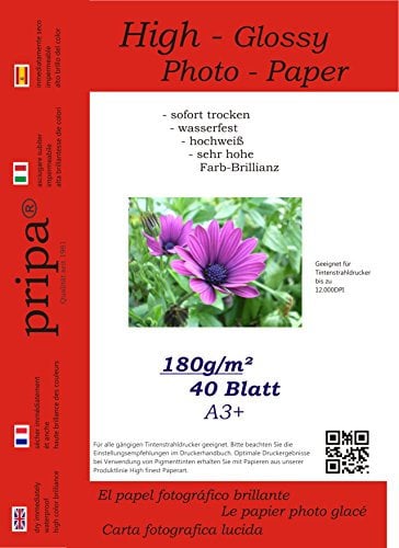 pripa - A3+ - 40 Blatt Fotopapier Photopapier DIN - A 3 + - 180g/qm - glossy glaenzend - sofort trocken - wasserfest - hochweiß - sehr hohe Farbbrillianz fuer InkJet Drucker Tintenstrahldrucker