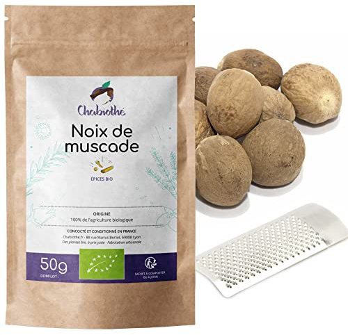Chabiothé - 10 Noix de muscade Bio entières 50g + râpe - conditionné en France - sachet compostable