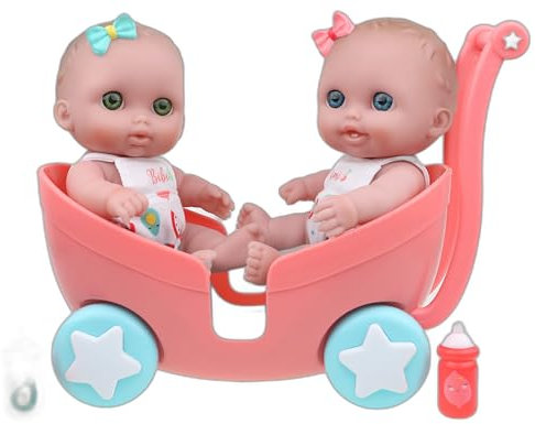 jc toys Lil Cutesies Twin 21,6 cm Vinyl-Puppen und Kinderwagen-Set, beweglich und waschbar, abnehmbare Outfits, Zwillingskinderwagen und Zubehör, ab 2 Jahren, Grün