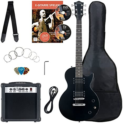 Rocktile Banger's Pack Set Chitarra Elettrica Nera - Kit Completo per Chitarre Elttriche con Amplificatore 25W, Custodia Morbida, Cavo, Tracolla, Tremolo, Plettri - LP-Style Single Cut