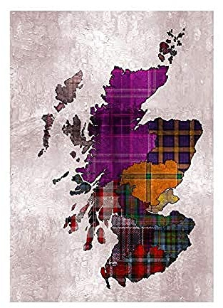 Wee Blue Coo Painting Map Outline Scotland Tartan Inset Regions Wall Art Print
