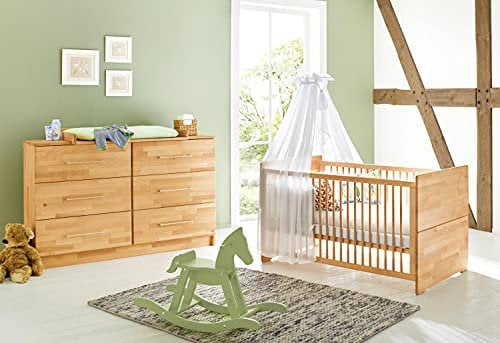 Pinolino 092174X 2-Teilig, Kinderbett und Extrabreite Wickelkommode mit Wickelaufsatz, Buche Massiv, Geölt, 140 X 70 cm