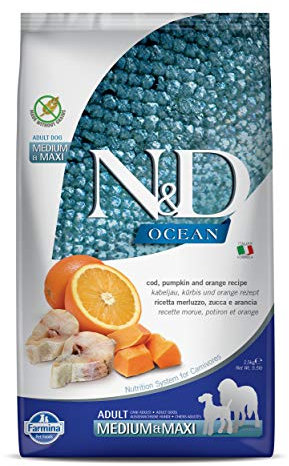Farmina N&D Ocean Adult Medium Pellets Hundefutter (Trockenfutter, mit hochwertigen Vitaminen und natürliche Antioxidantien, ohne Mais, Zutaten: Kabeljau und Orange, Portionsgröße: 2,5 kg)