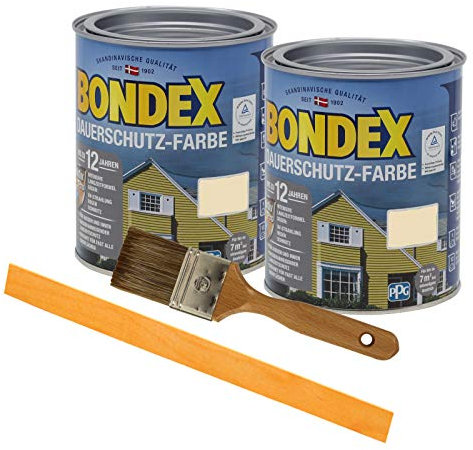 Bondex Dauerschutzfarbe deckend 2 x 0,75l Wetterschutzfarbe Holzschutzfarbe wetterbeständig Zink inkl. Pinsel Rührstab (cremeweiss (champagner))