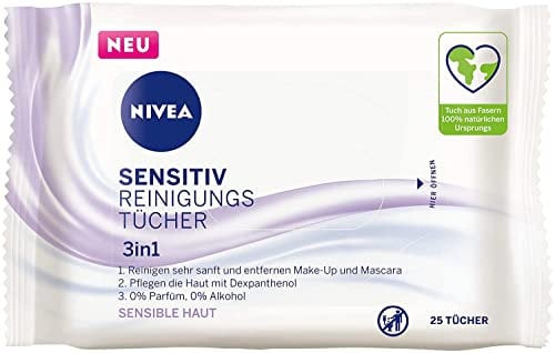NIVEA 3in1 Sensitiv Reinigungstücher (25 Stück), milde Gesichtsreinigungstücher mit Dexpanthenol, sanfte Abschminktücher für sensible Haut