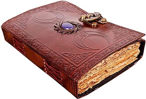 ALCRAFT Handgefertigtes Vintage-Leder-Tagebuch mit Halbedelsteinen, schwarzes Dreifach-Mond-Design, 200 Seiten (VINTAGE) (BROWN)