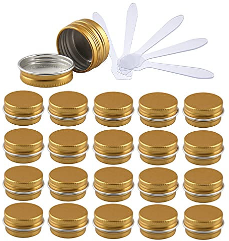 ZEOABSY Pack of 48, Empty 5ml Gold Aluminium Tins with Screw Lids Round Cosmetics Containers Pots Storage Jars for Lip Balm DIY Candle Salve Powder Crafts with 12 Spatula