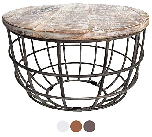 kreatives Wohnen Couchtisch Wohnzimmer-Tisch rund Beistelltisch Lexington ø 55 cm Metall Drahtgestell Gitter massiv weiß gekälkt, Holz, Extra breit