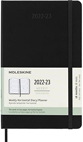 Moleskine - Horizontaler Wochenplaner, Pocket Terminplaner 18 Monate 2022/2023, Wochenkalender mit Festem Einband und Gummibandverschluss, Maß Large 13 x 21 cm, Farbe: Schwarz