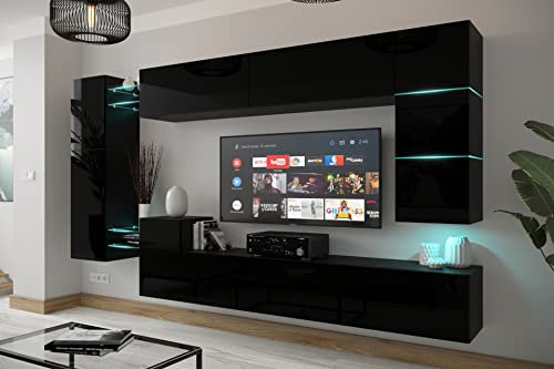 Furnitech Wohnwand | Wohnzimmer Möbel Mit LED Weiß | Hängend Modern | Schrankwand Mit Regale Und TV Schrank (AN90NEW-21B-HG1)
