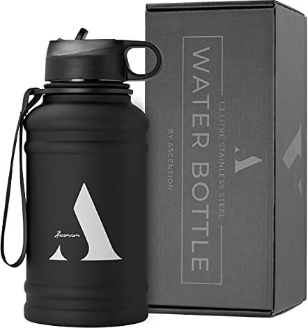 Daily Stainless Steel Water Bottle with Straw (1.3L - 2.2L) - BPA Free, Metal Sports and Gym Bottle - Drink More Water (1.3L, Camo Black)